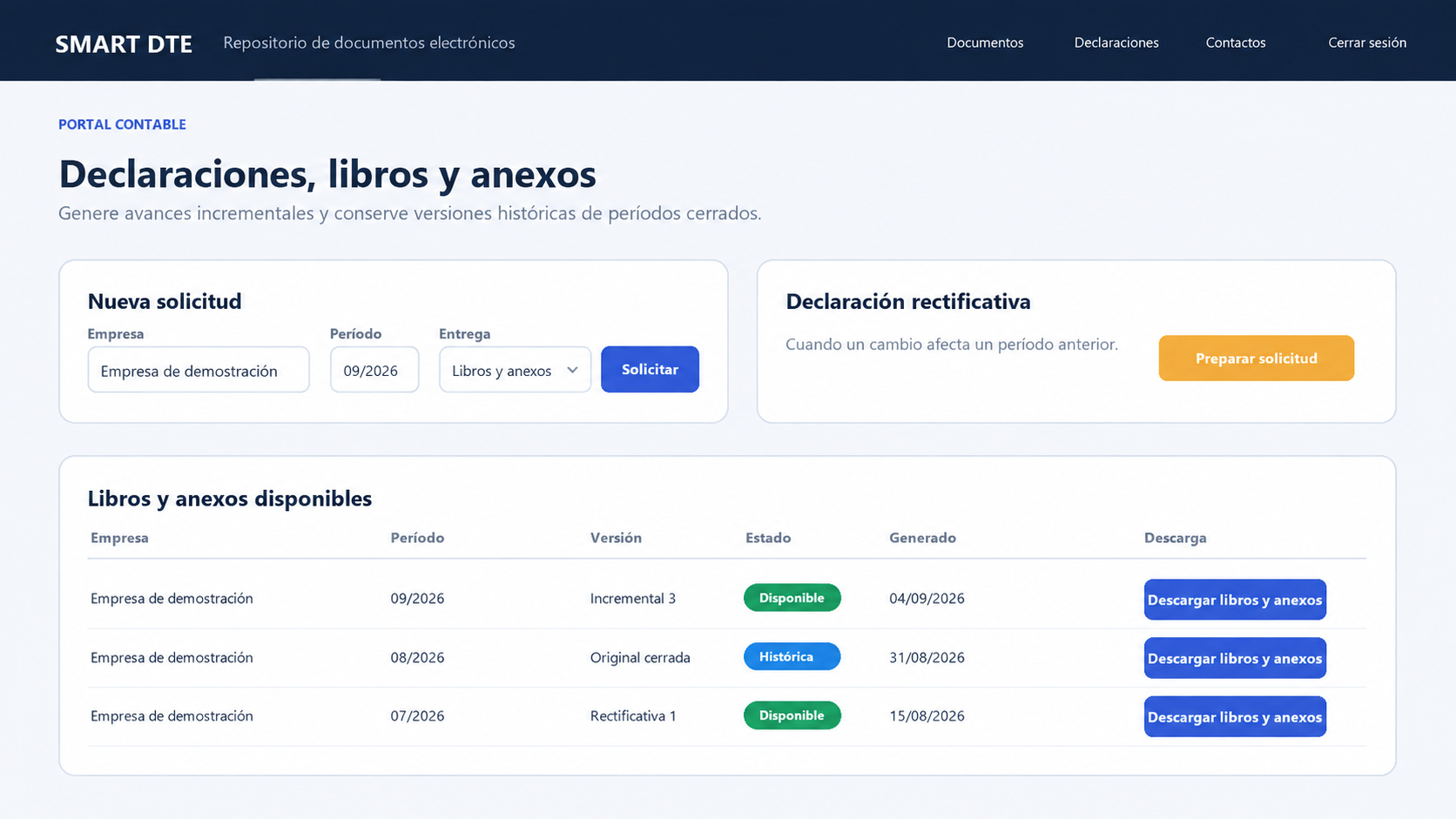 Portal contable con declaraciones, libros y anexos